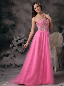 Pink Empire Sweetheart Tulle Beading Prom Dress