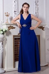 Royal Blue Empire V-neck Beading Prom Dress