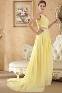 Yellow One Shoulder Beading Ruch Evening Dress