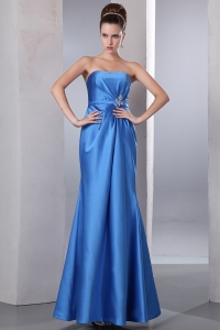 Prom Dress Blue Strapless Ankle-length Beading