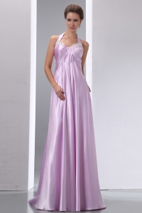 Lavender Halter Brush Train Elastic Wove Satin Evening Dress