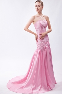 Mermaid Sweetheart Brush Train Beading Prom Dress Pink