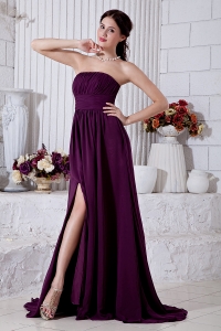 Purple Strapless Brush Train Chiffon Ruch Prom Dress