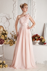 Baby Pink One Shoulder Hand Made Flowers Ruch Prom Dress