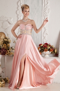 Empire Sweetheart Brush Train Beading Prom Dress Baby Pink