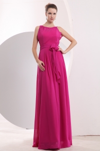 Empire Bateau Chiffon Sashes Evening Dress Hot Pink