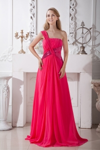 Hot Pink One Shoulder Brush Train Sequins Prom Dress