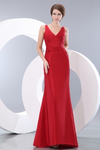Evening Dress Red V-neck Floor-length Taffeta Ruch