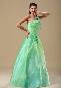 Apple Green Prom Dress Hand Made Folwers Ruched Bodice