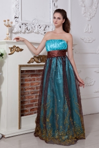 Aqua Strapless Prom Gown Floor-length Organza Embroidery