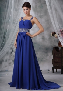 Beaded Decorate Straps and Wasit Brush Train Royal Blue Chiffon Prom / Evening Dress For 2013