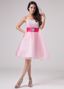 Beading Prom Dress Strapless Organza Mini-length Pink