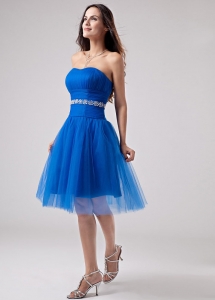Blue Beading Strapless A-Line Knee-length Prom Dress Tulle