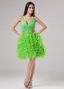 Spring Green Mini-length Ruffles V-neck Prom Dress