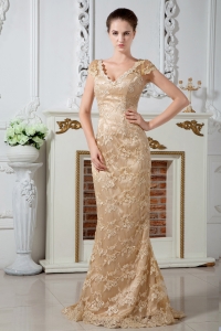 Champagne V-neck Prom Dress Satin Lace Embroidery