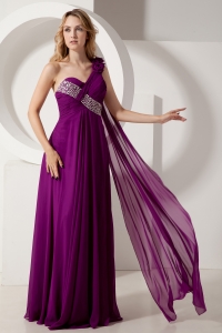 Dark Purple Prom Gown One Shoulder Chiffon Beading