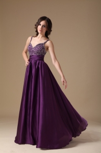 Beaded Prom Dress Dark Purple Straps Floor-length