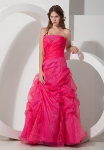 Hot Pink Strapless Prom Gown Dress Organza Beading