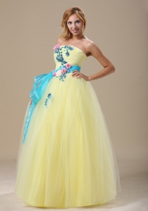 Light Yellow Prom Dress Appliques and Ruched Bodice