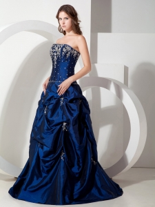Navy Blue Strapless Floor-length Taffeta Prom Dress