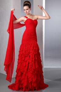 Red One Shoulder Watteau Train Chiffon Ruffles Prom Dress