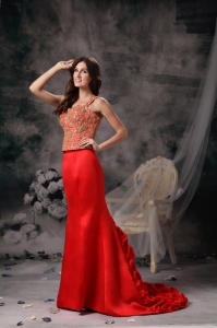Red Mermaid Wide Straps Brush Train Beading Prom Dress
