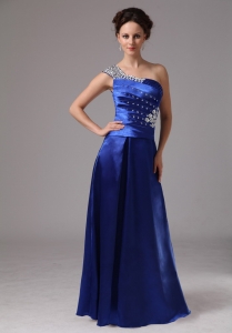 Royal Blue Beaded One Shoulder Ruch Evening Dress