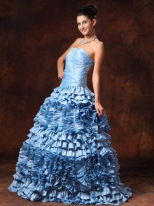 Ruffles Light Blue Strapless Prom Gowns Appliques
