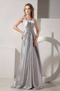 Silver Straps Floor-length Satin Ruch Beading Prom Dress