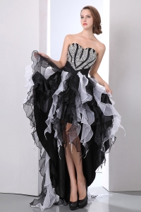 White and Black High-low Organza Beading Prom Dress