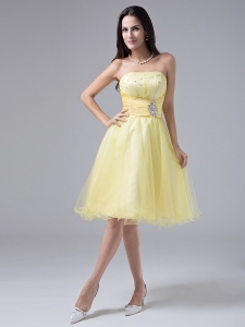 Light Yellow Sweet Prom Gown Beaded Ruch Organza