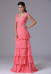 Ruffled Layeres Square Watermelon Prom Dress With Appliques