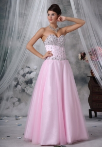 Sweetheart Tulle and Satin Beading Baby Pink Prom Dress