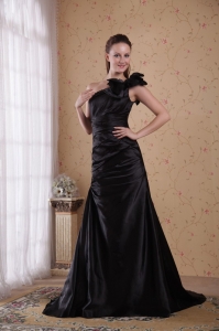 One Shoulder Black Taffeta Beading and Ruch Prom / Celebrity Dress