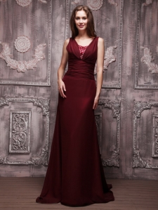 Burgundy A-line V-neck Chiffon Beading Prom / Evening Dress