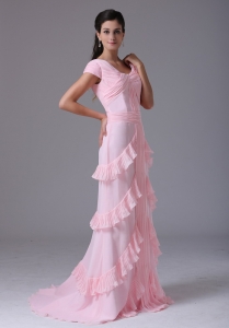 Custom Made Pink Scoop Short Sleeves Prom Dress Ruffed Layeres