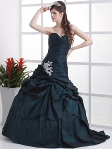 Custom Made Navy Blue Sweetheart Appliques and Pick-ups Prom Dress