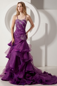 Dark Purple Spaghetti Straps Prom Gown Taffeta Ruffles