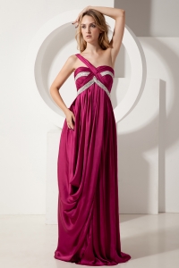 Fuchsia One Shoulder Silk Like Satin Beading Prom / Evening Dress