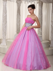 Hot Pink Strapless Floor-length Organza Beading Prom Dress