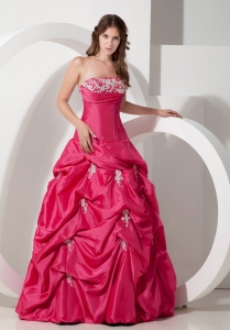 Hot Pink Strapless Floor-length Appliques Prom Dress
