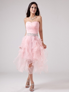 Baby Pink Prom Dress Beaded Ruch Sweetheart Ruffles