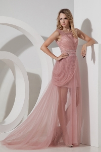 Column Bateau Brush Train Tulle Beading Pink Prom Dress