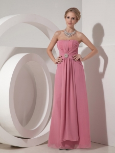 Column Strapless Floor-length Chiffon Beading Pink Prom Dress