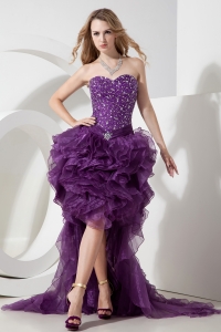 Sweetheart High-low Organza Beading Purple Prom Dress