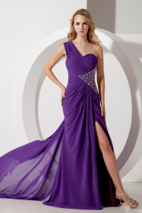 One Shoulder Purple Column Watteau Train Beading Prom Dress