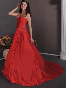 Red One Shoulder Court Train Appliques Prom Dress
