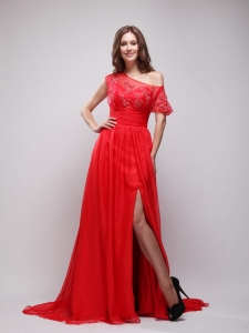Red Asymmetrical Brush Train Chiffon Appliques Prom / Evening Dress