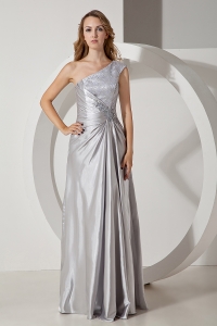 Silver Column One Shoulder Taffeta Beading Prom Dress