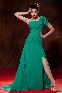 One Shoulder Brush Train Turquoise Empire Chiffon Ruch Prom Dress